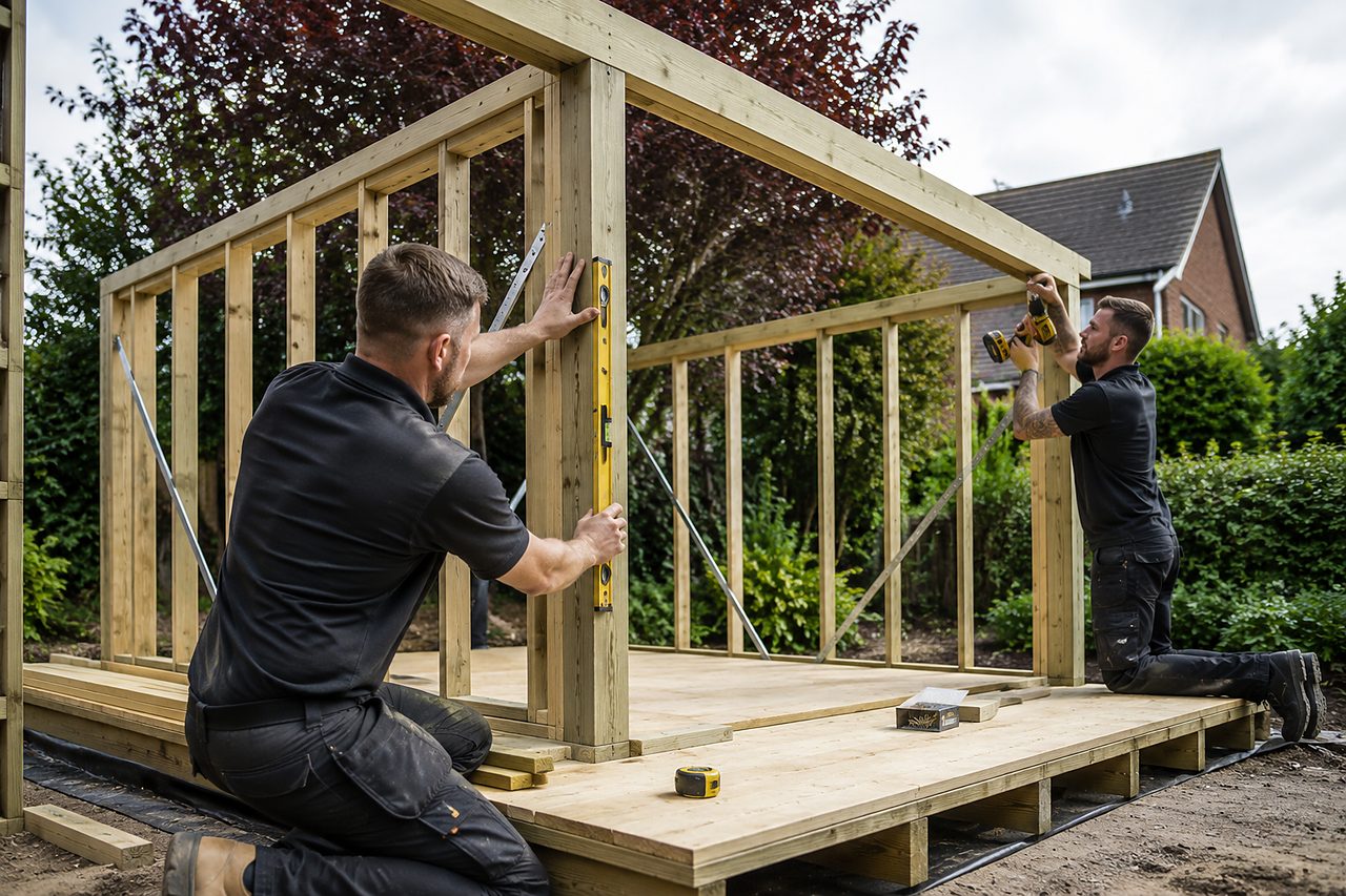 Outdoor Studios installers assembling a garden room on site