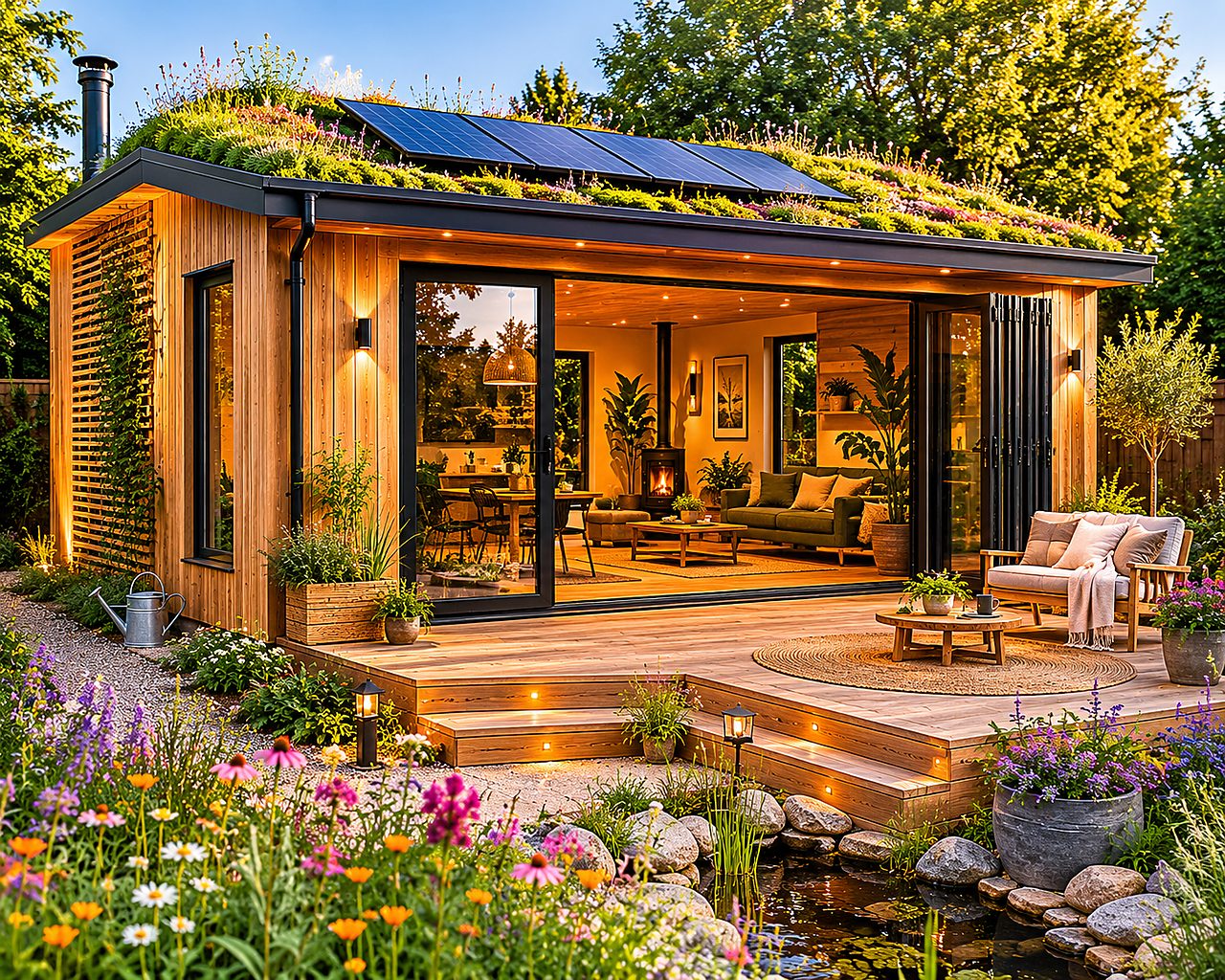Eco garden room with living green roof and larch cladding