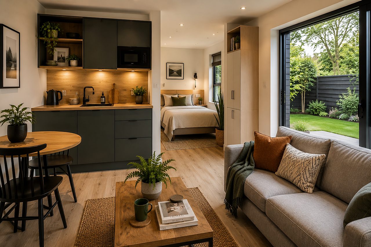 Self-contained garden annexe with kitchenette and living area