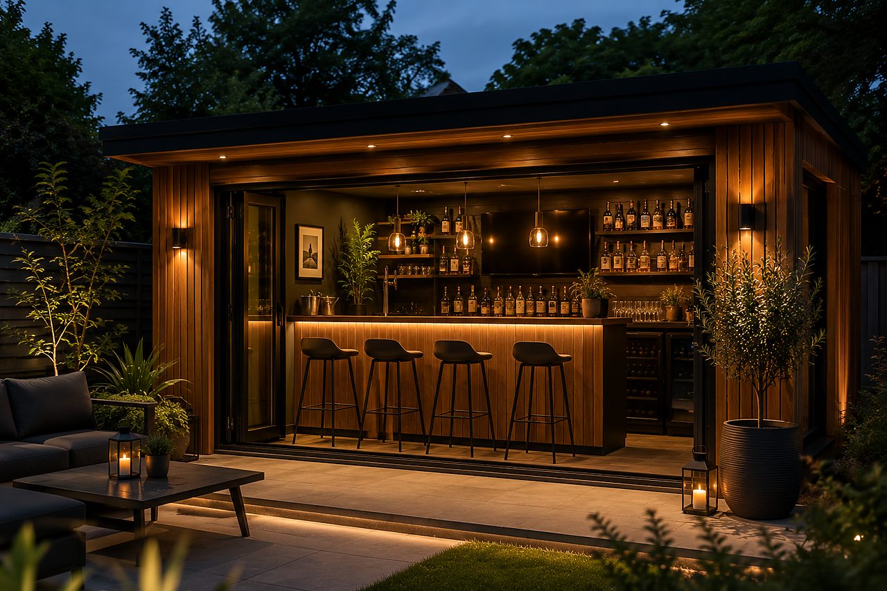 Stylish garden bar with counter and warm lighting