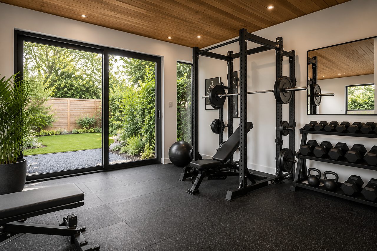 Private home gym inside a garden building