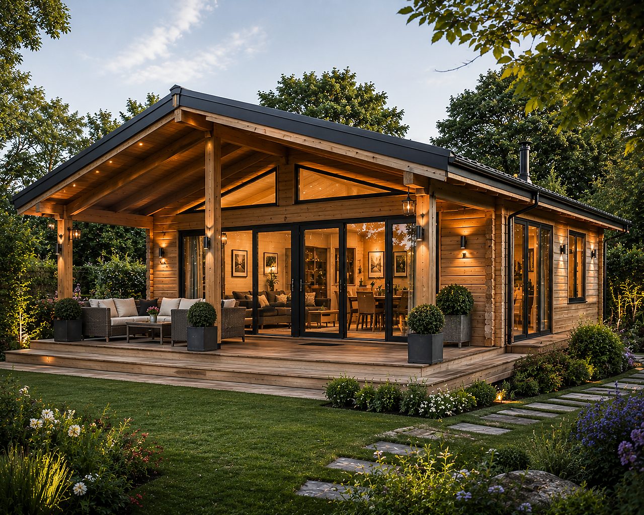 Substantial premium garden lodge with veranda