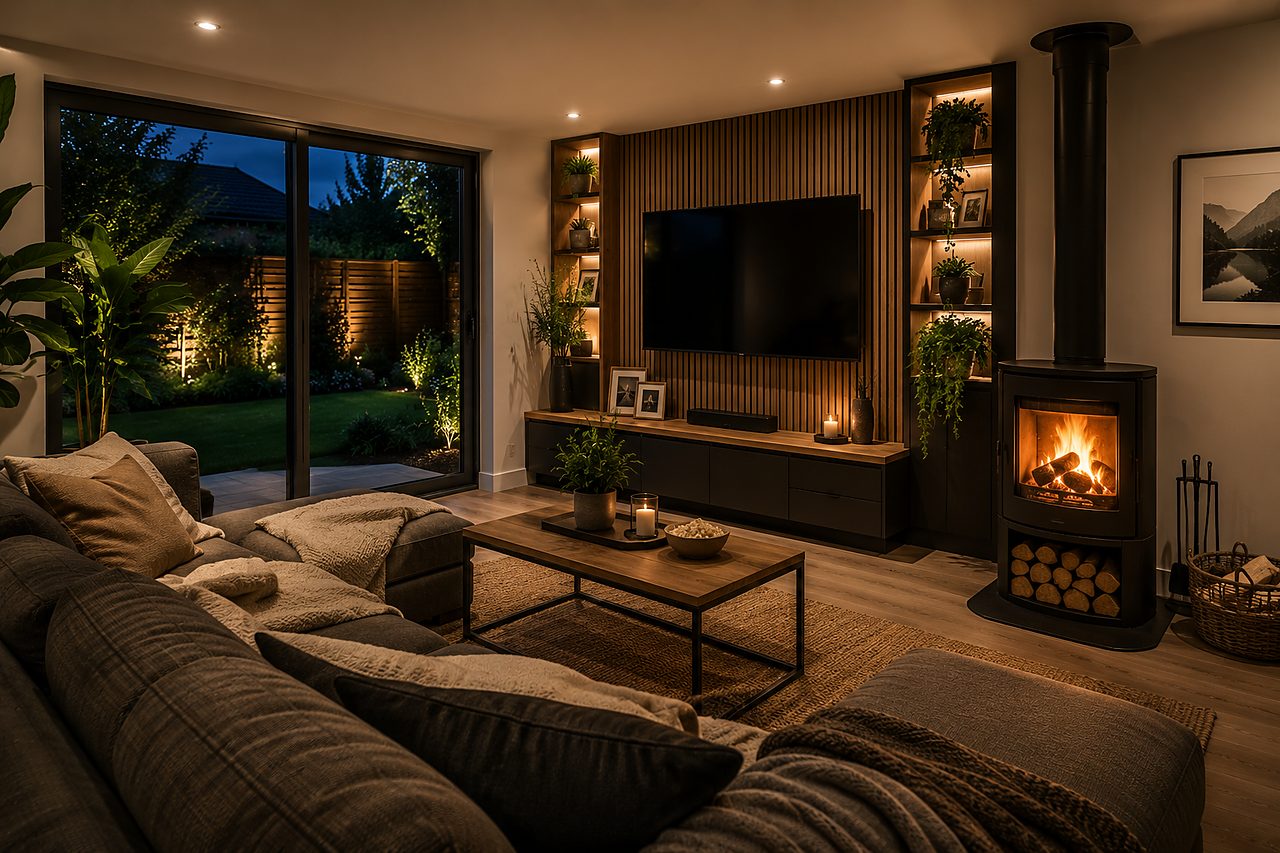 Cosy garden lounge with sofa and log burner