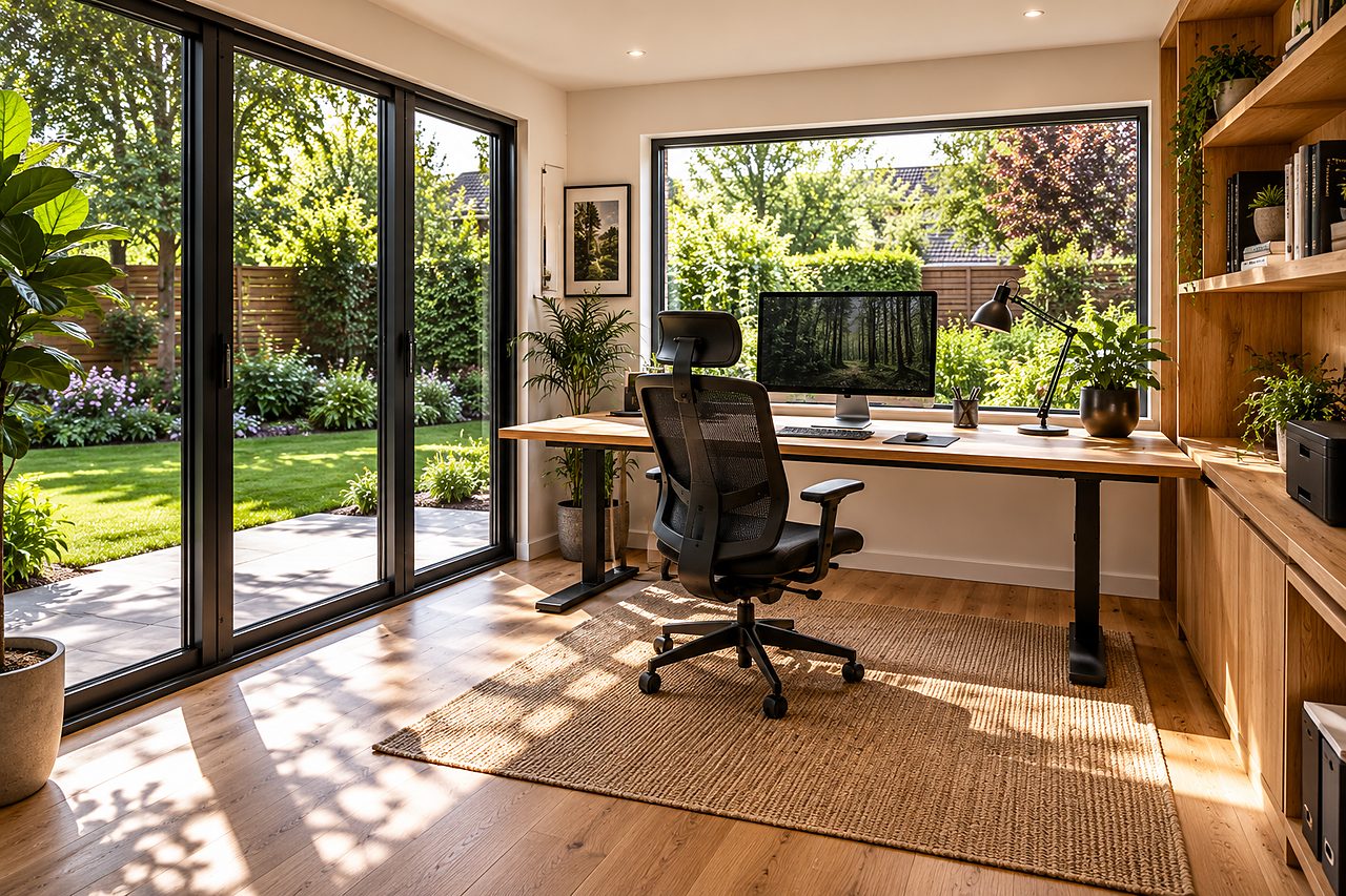 Bright garden office interior with desk and large windows