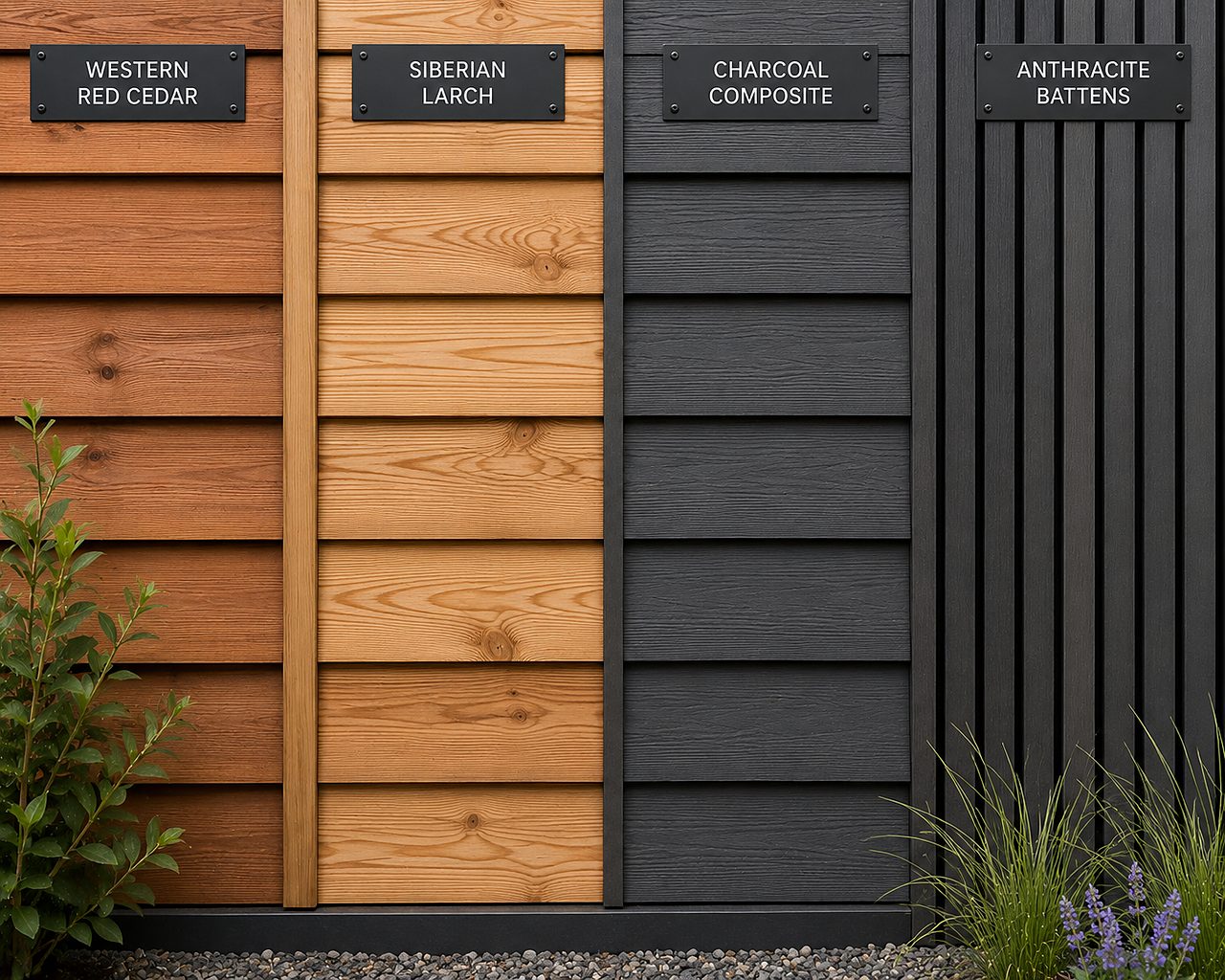 Close-up of garden room cladding finishes in cedar and composite
