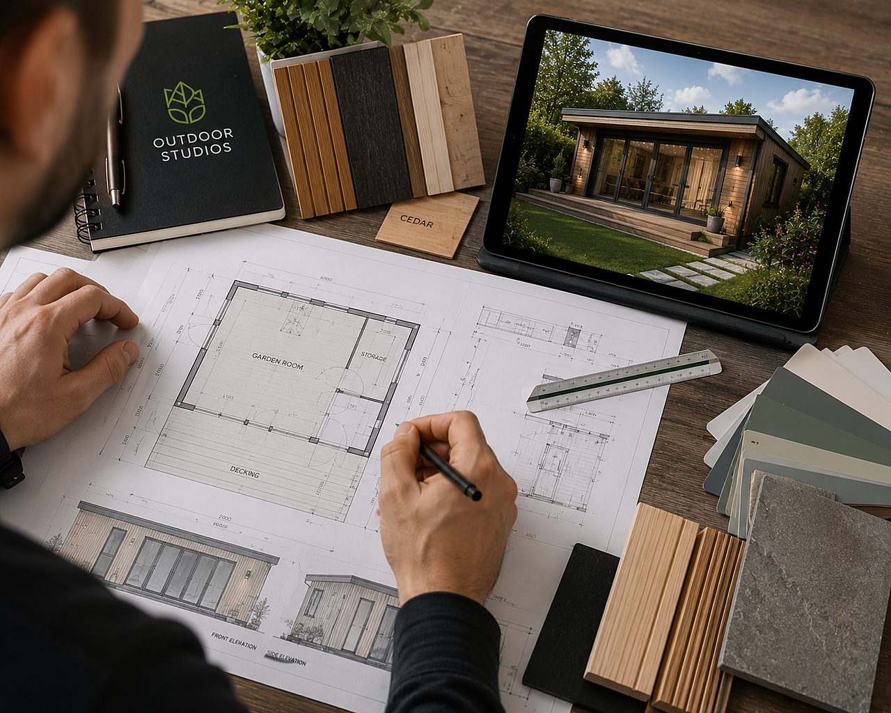 Garden room design stage with plans and 3D render
