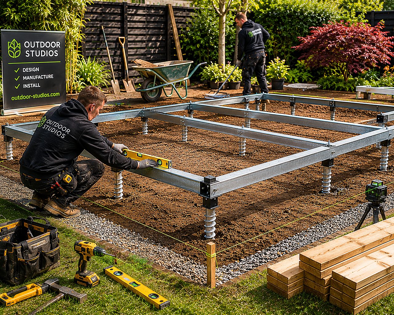 Ground screws and steel base frame for a garden building