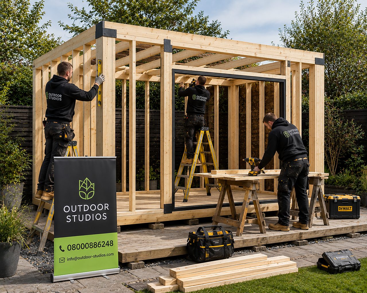 Installers erecting a garden room timber frame on site
