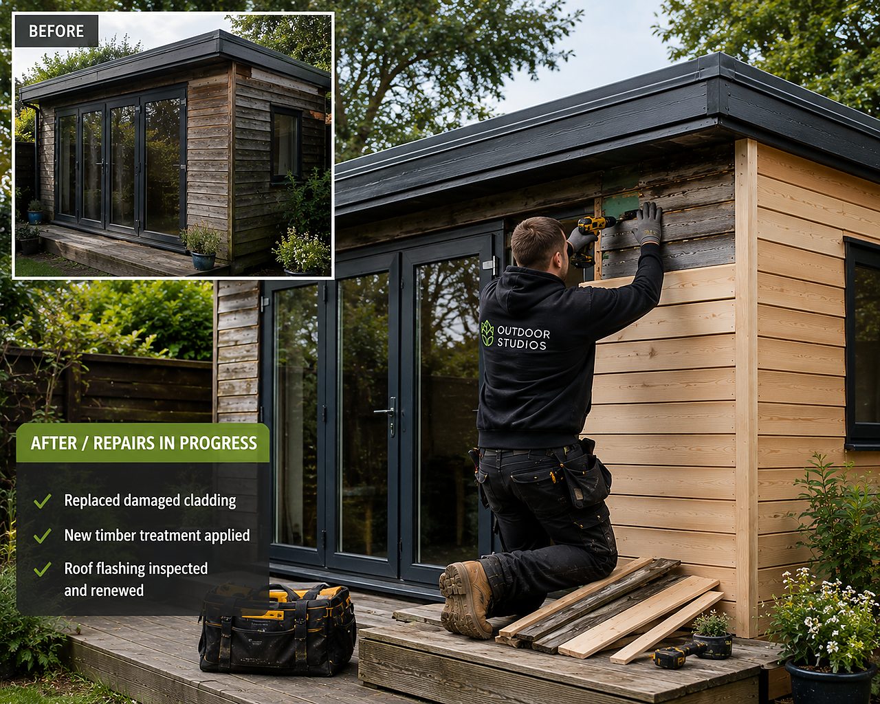 Garden room repair replacing weathered cladding