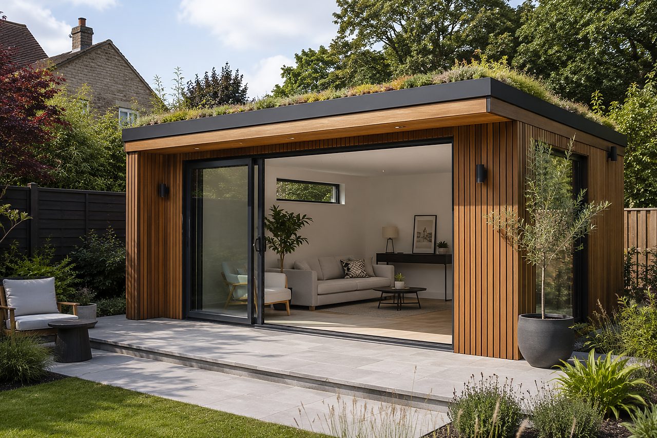 Contemporary cedar-clad garden room with large glazing