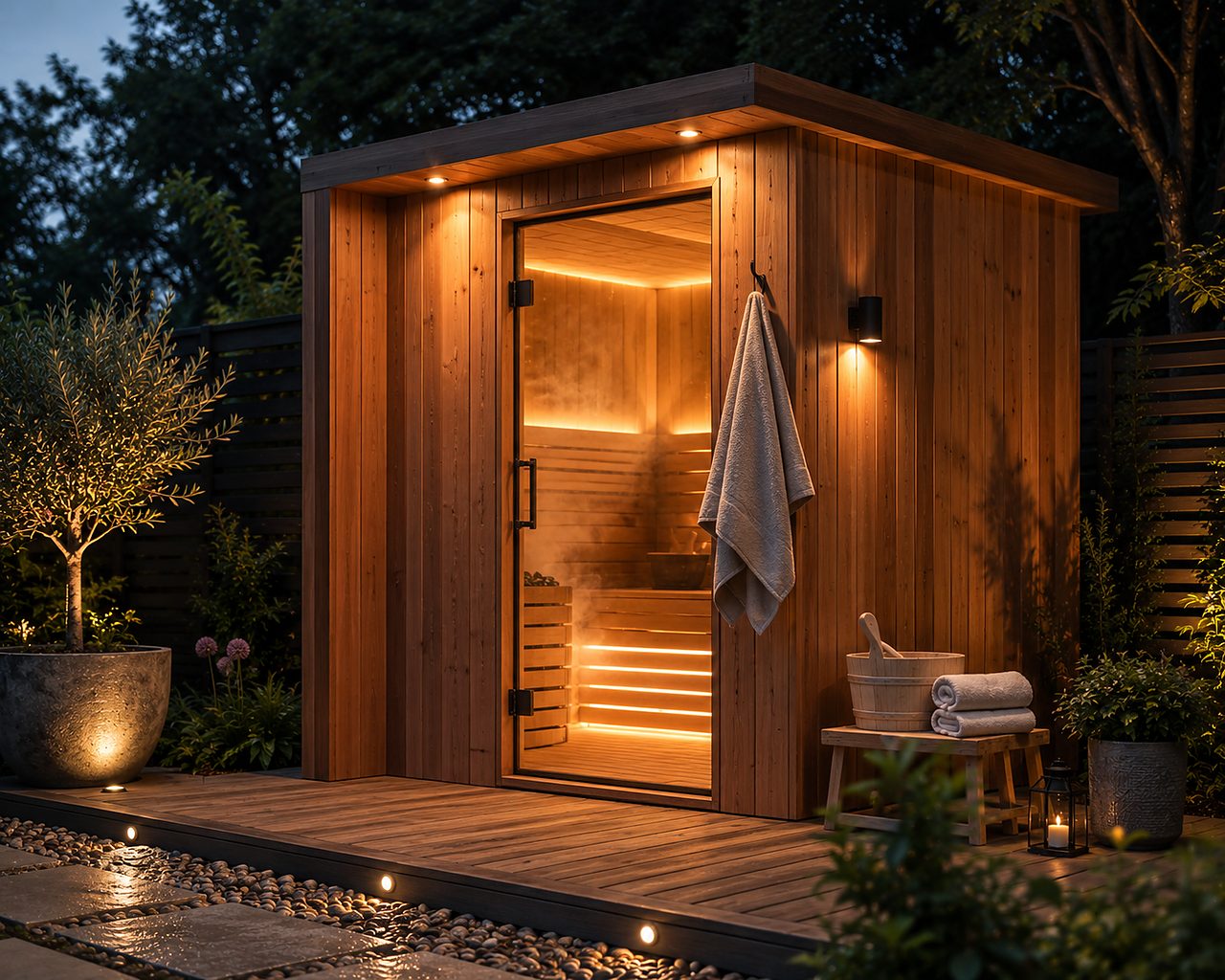 Modern outdoor cedar sauna with warm interior glow
