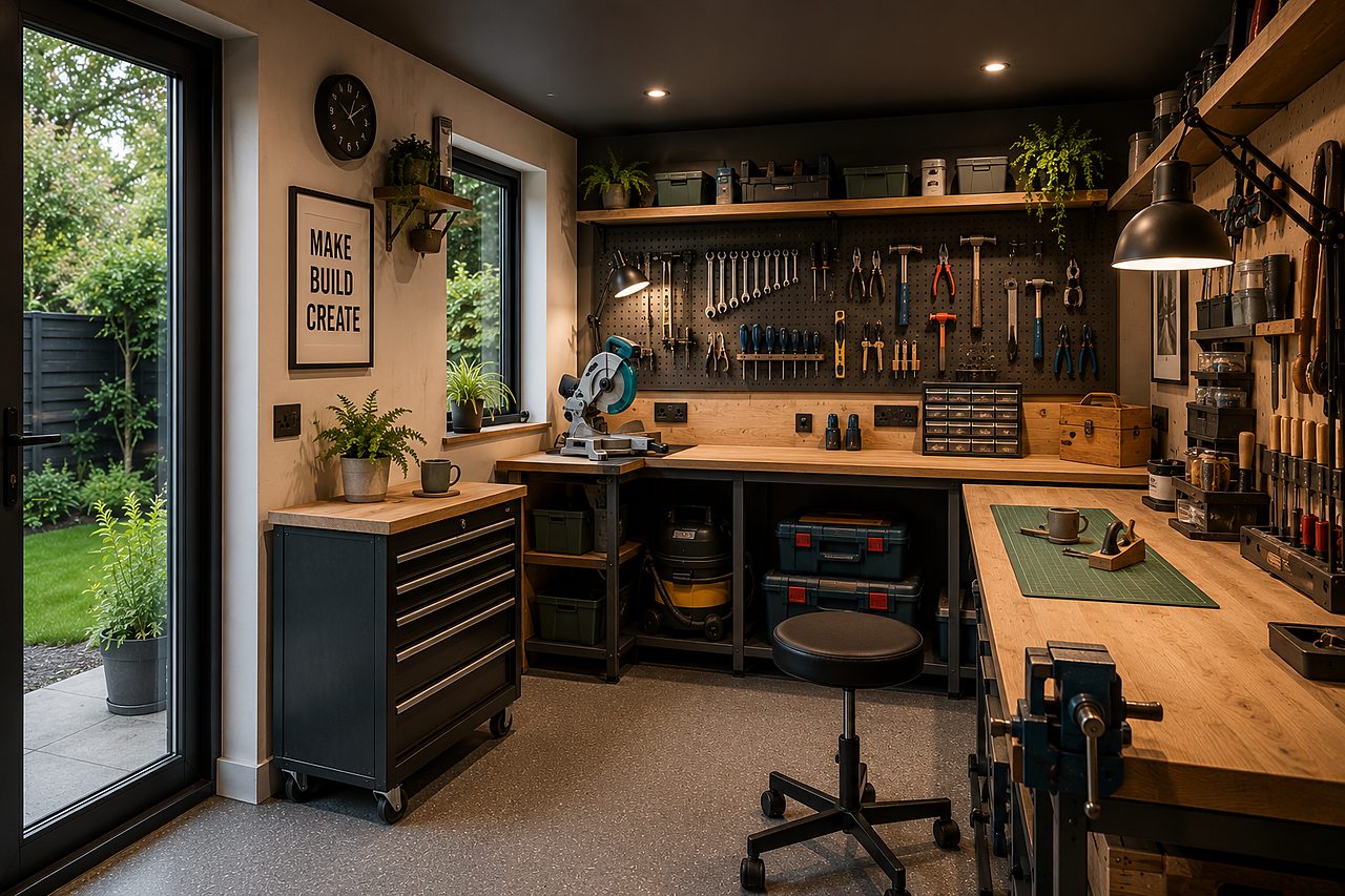 Practical garden workshop with workbench and tools