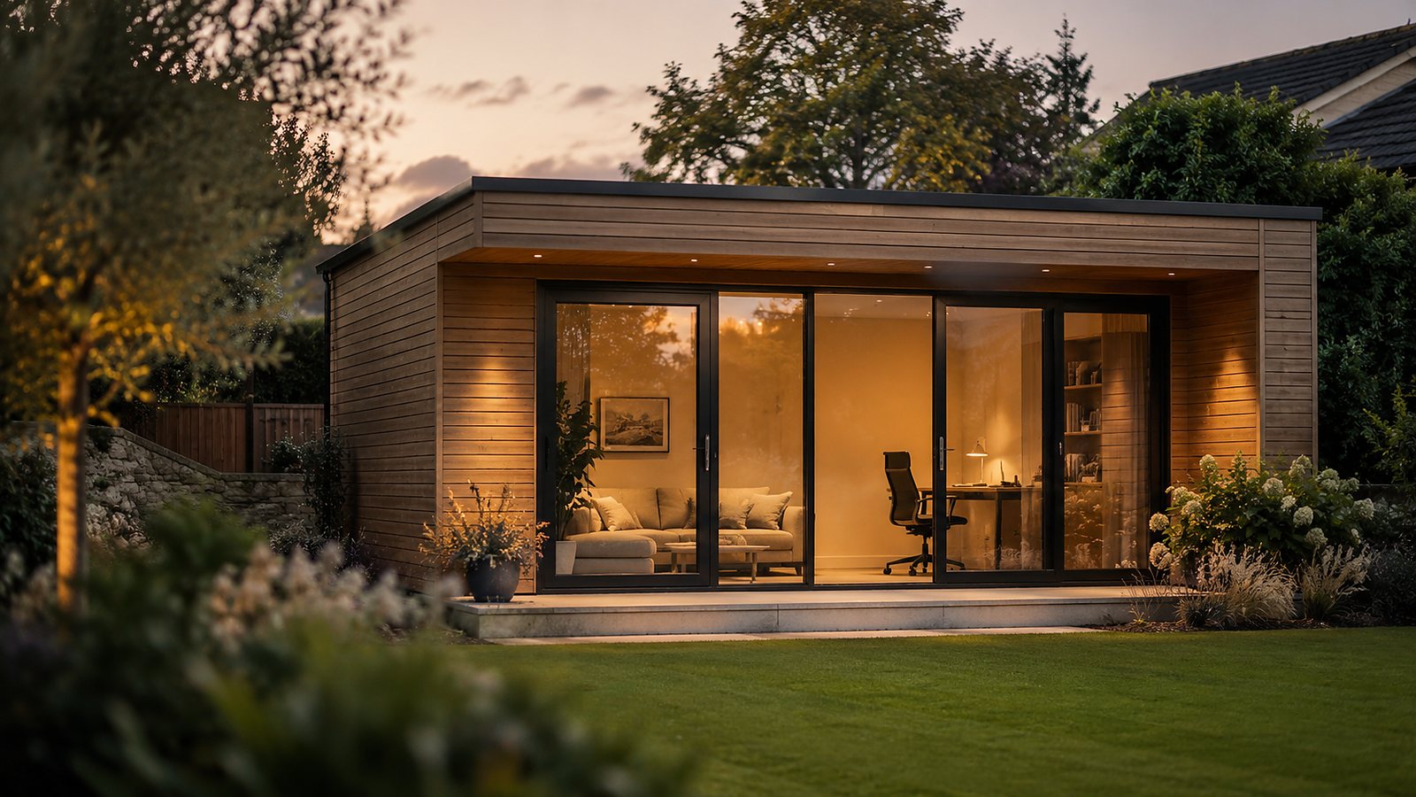 Cedar-clad garden room at dusk with warm interior lighting and large glazing