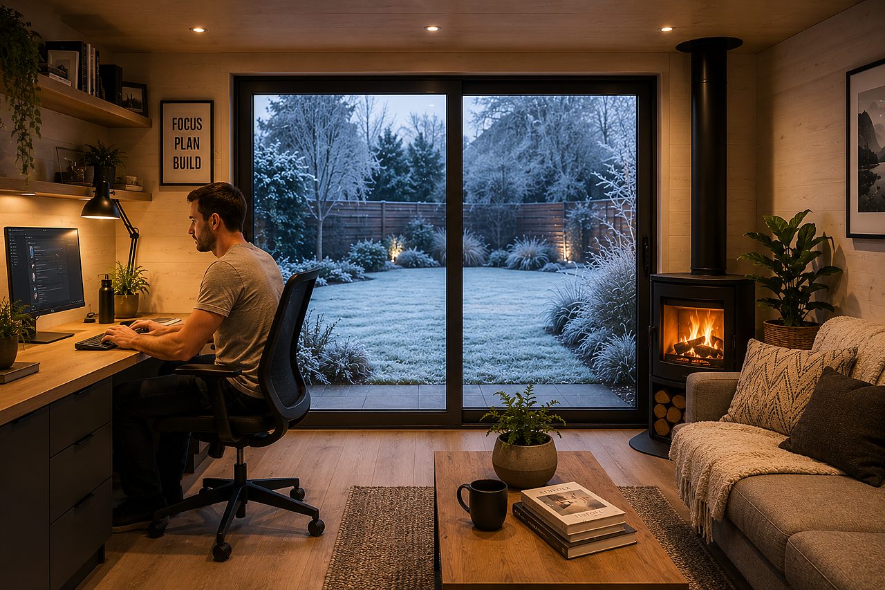 Warm insulated garden room interior in winter
