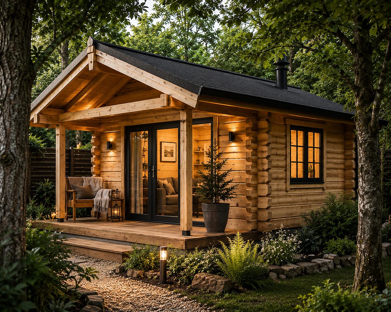 Scandinavian-style log cabin with stacked timber walls