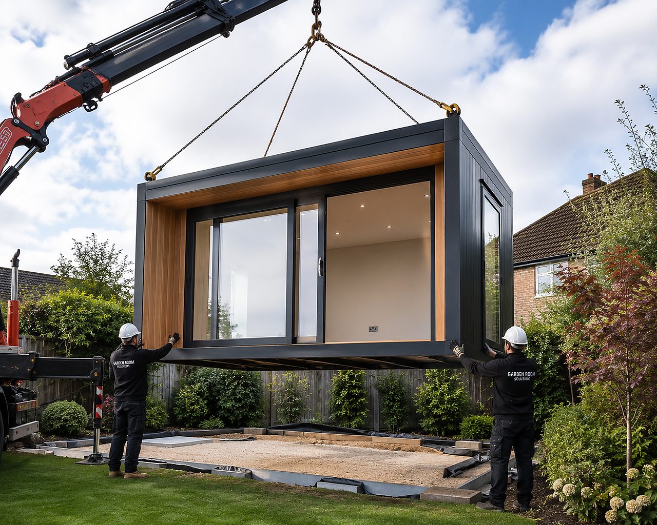 Modular garden room module being installed by crane