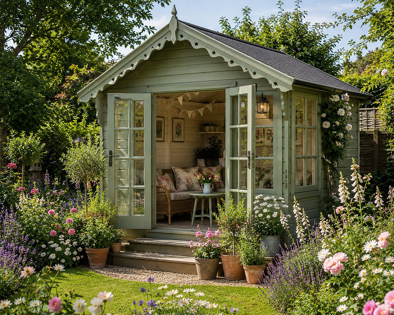 Classic British summer house in a blooming garden