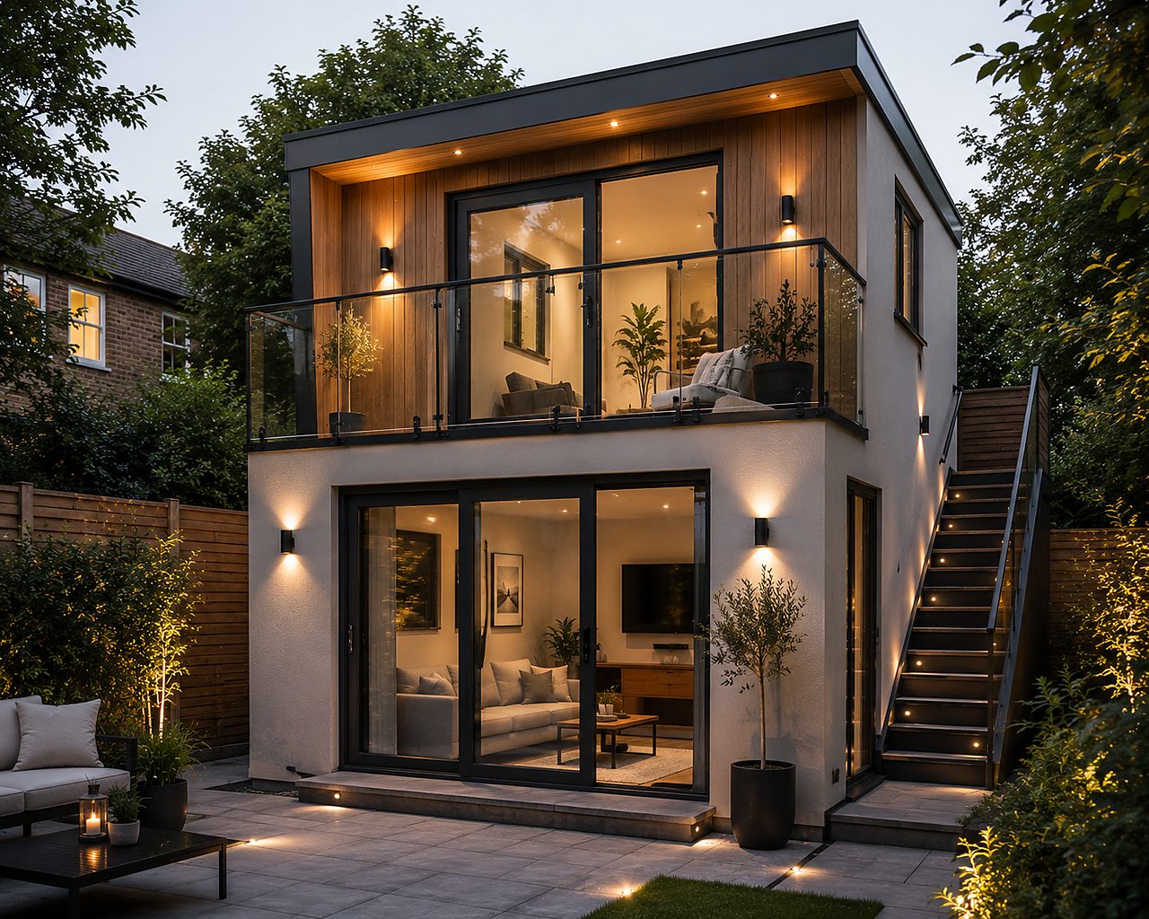 Contemporary two-storey garden room with balcony